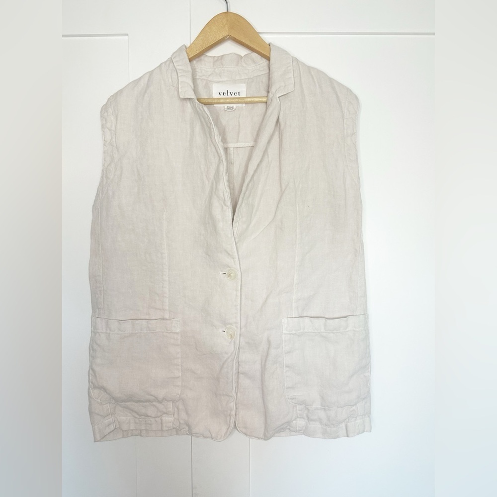 Velvet By Graham & Spencer Bethan Linen Sleeveless Blazer Large Vest Cream Ivory